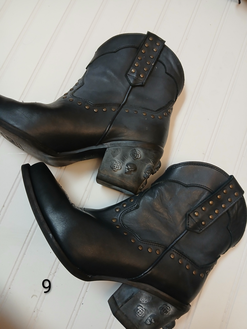 dingo Black Studded Western Booties with Floral Block Heel